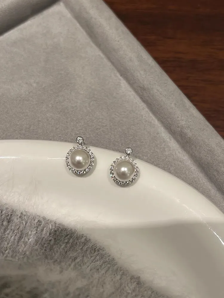 1 Pair 925 Sterling Silver Artificial Pearls Rhinestones Round Ear Studs display picture 2