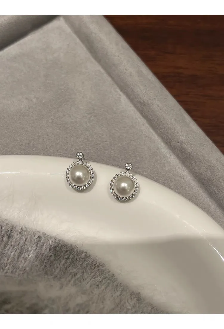 1 Pair 925 Sterling Silver Artificial Pearls Rhinestones Round Ear Studs display picture 6
