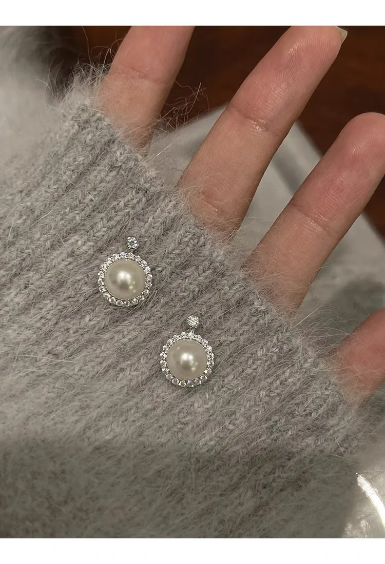 1 Pair 925 Sterling Silver Artificial Pearls Rhinestones Round Ear Studs display picture 8
