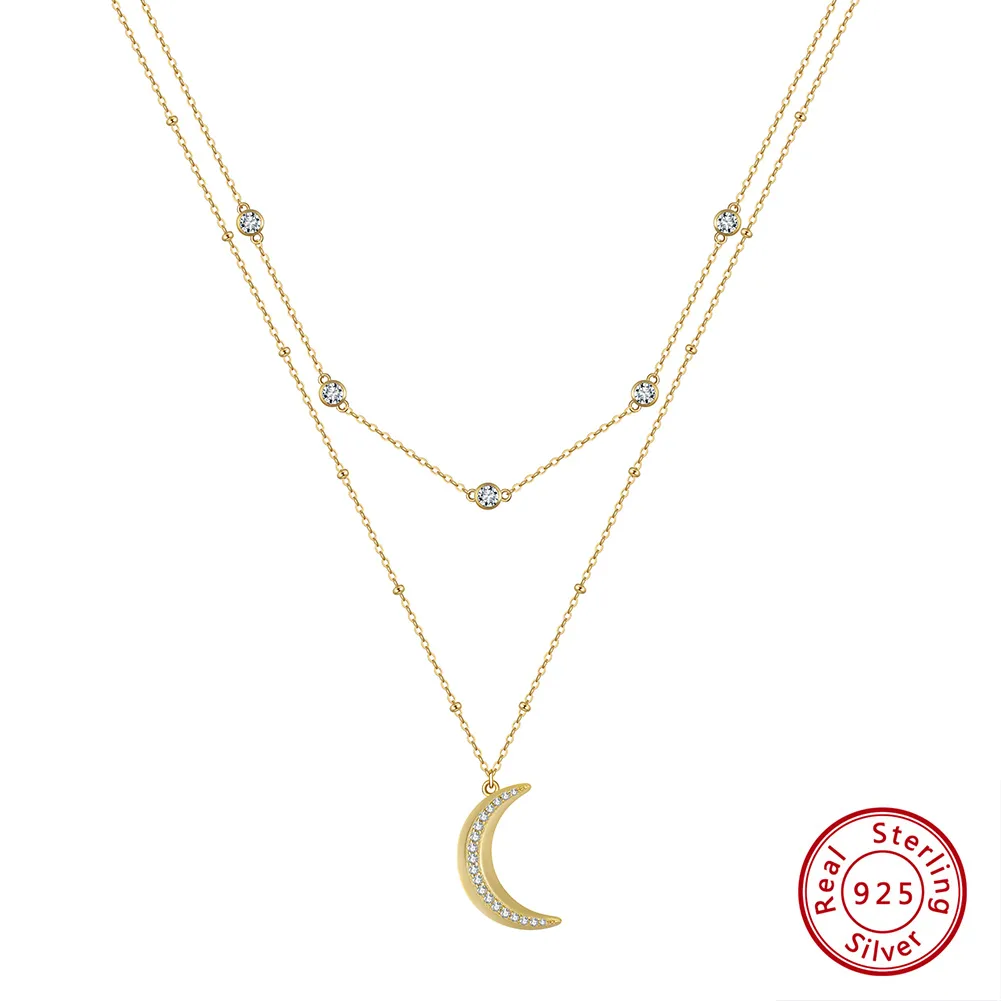 925 Sterling Silver Plated Polishing Plating Moon Double Layer Necklaces display picture 2