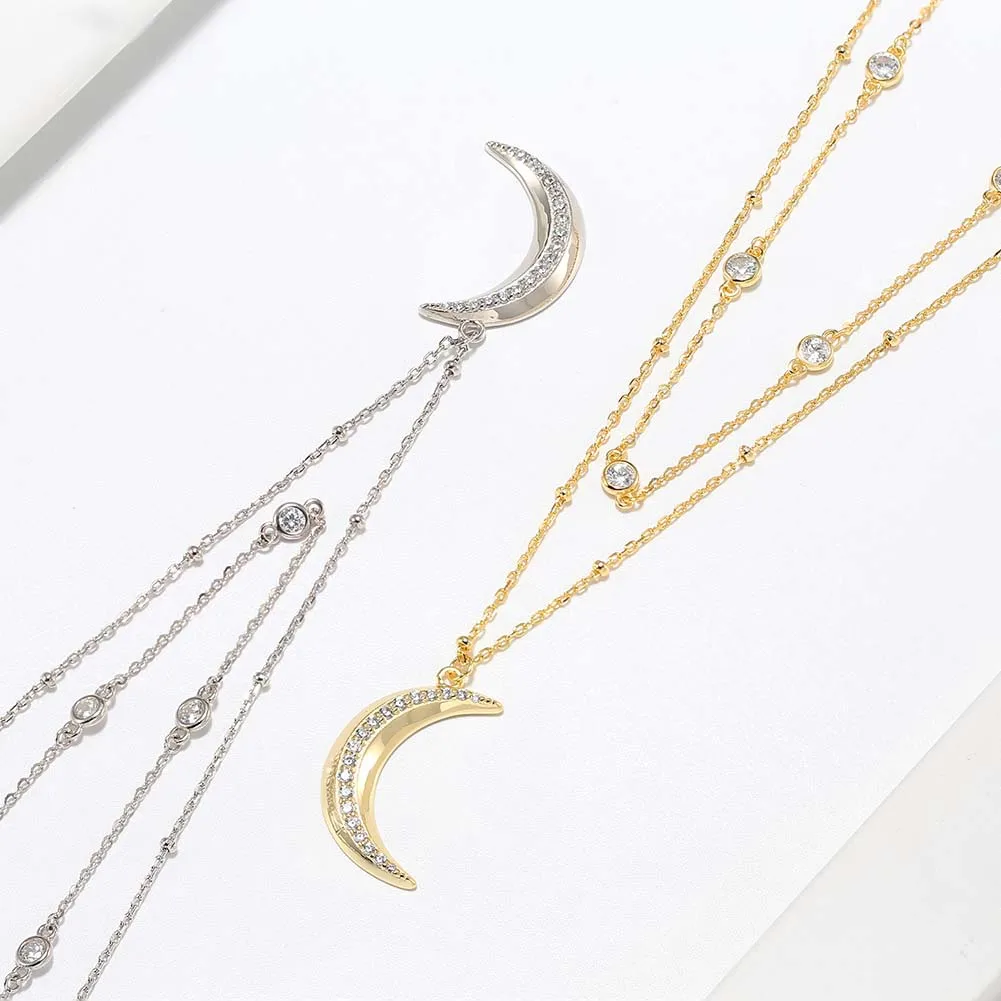 925 Sterling Silver Plated Polishing Plating Moon Double Layer Necklaces display picture 1