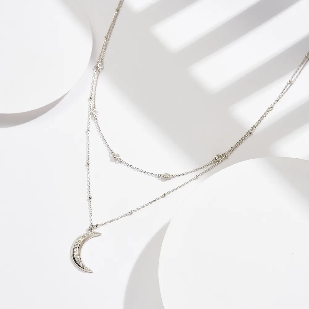 925 Sterling Silver Plated Polishing Plating Moon Double Layer Necklaces display picture 5