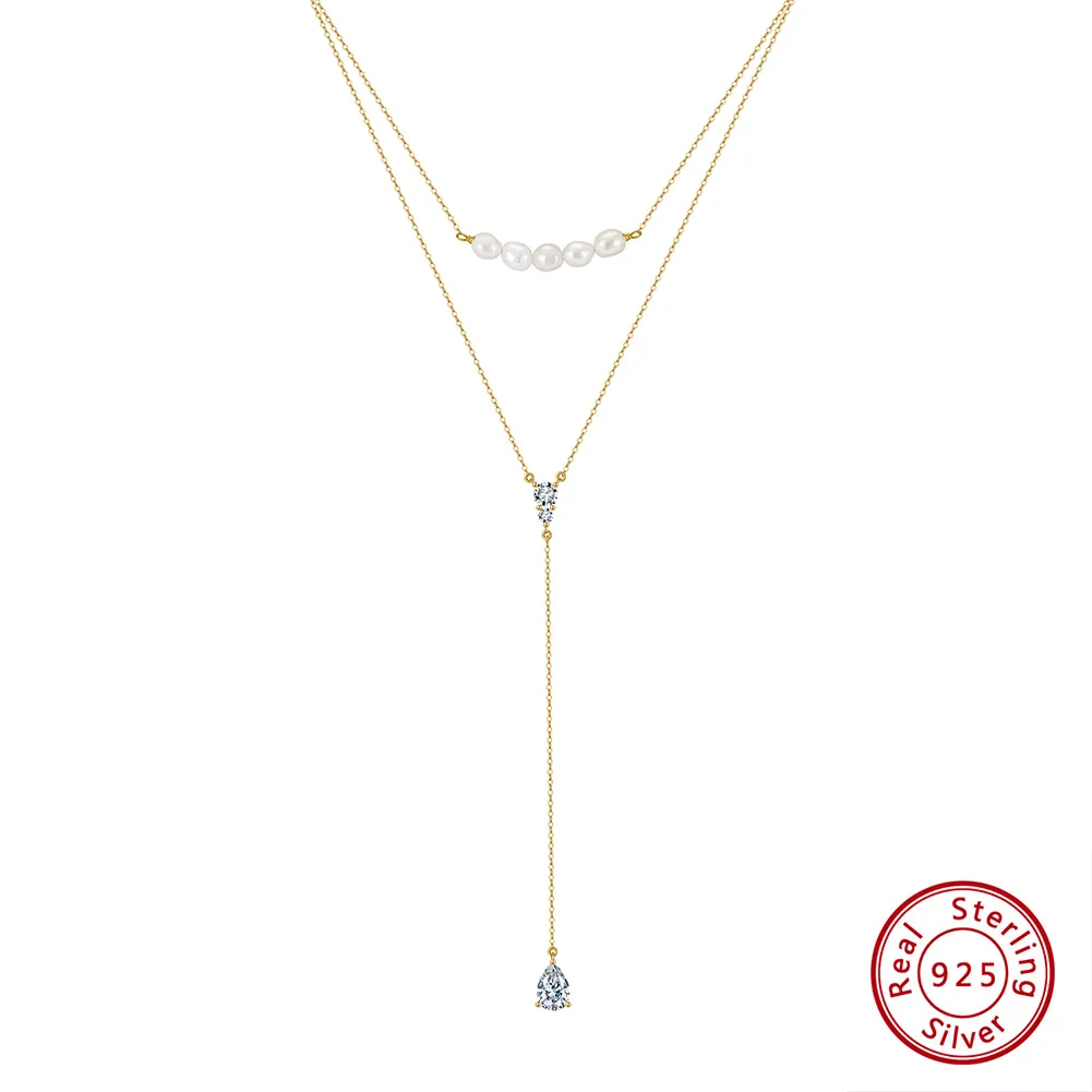 925 Sterling Silver Plated Freshwater Pearl Zircon Polishing Plating Inlay V Shape Geometric Double Layer Necklaces display picture 5