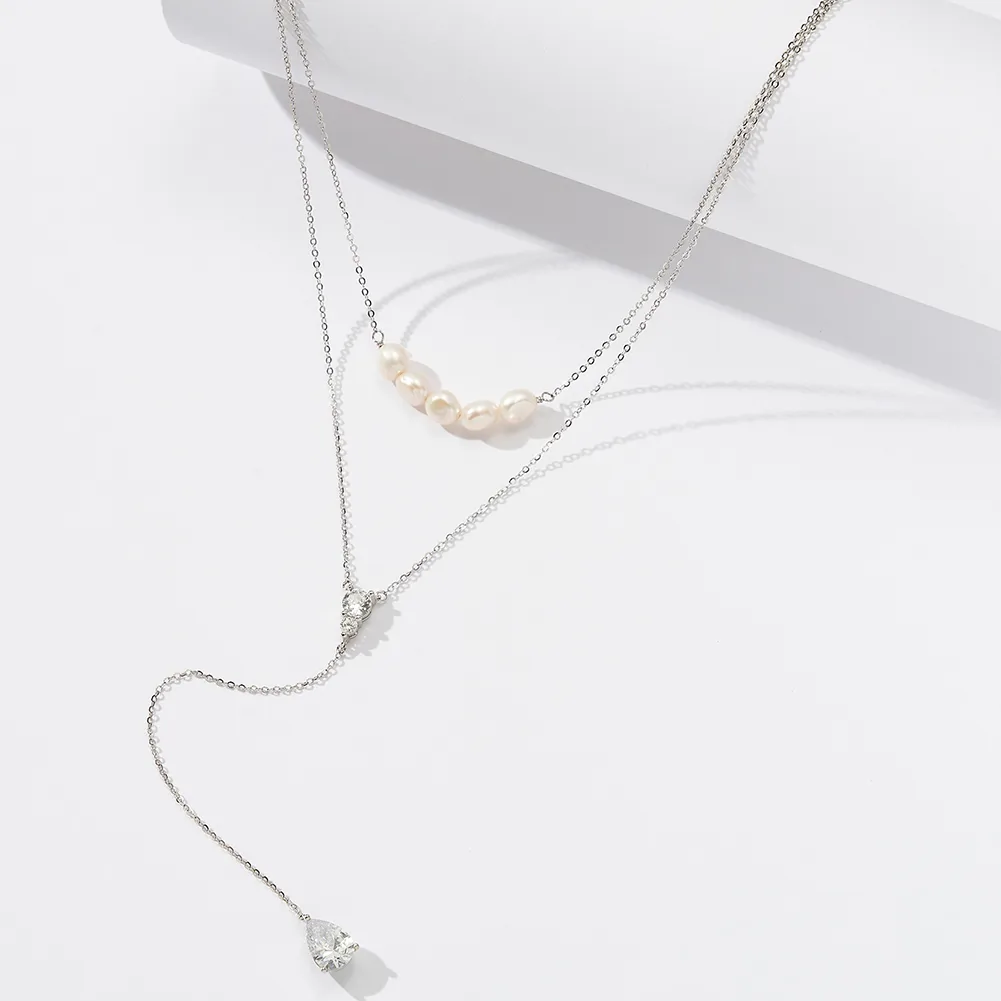 925 Sterling Silver Plated Freshwater Pearl Zircon Polishing Plating Inlay V Shape Geometric Double Layer Necklaces display picture 2