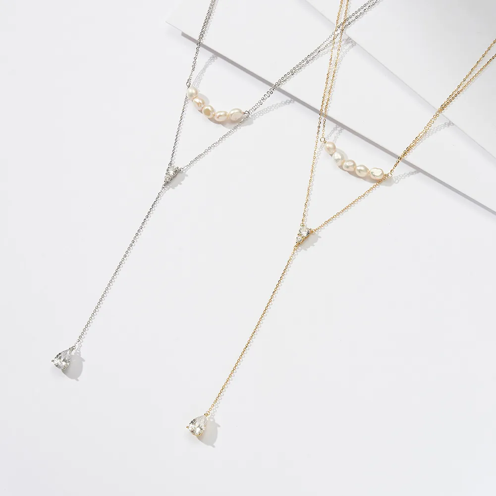 925 Sterling Silver Plated Freshwater Pearl Zircon Polishing Plating Inlay V Shape Geometric Double Layer Necklaces display picture 3