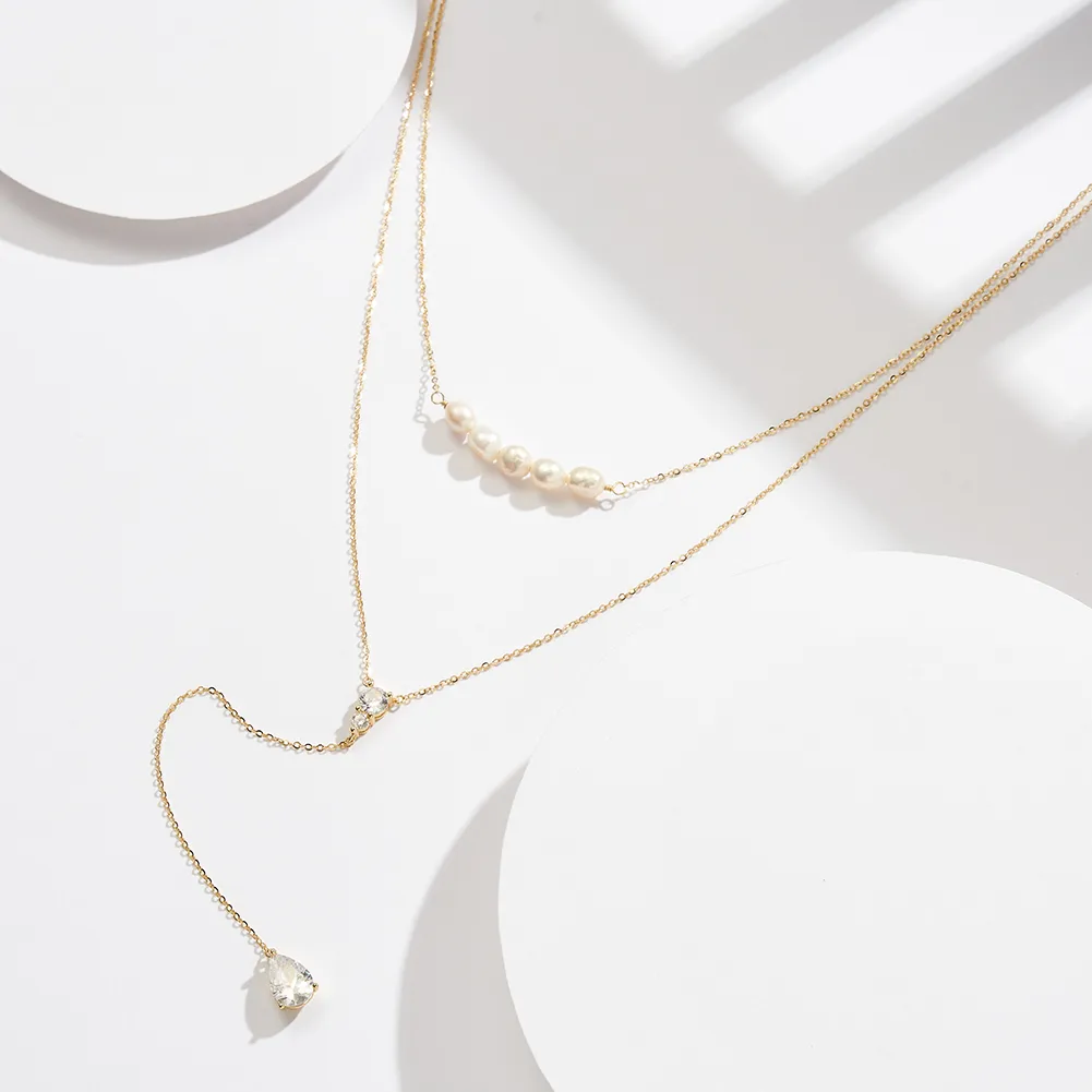 925 Sterling Silver Plated Freshwater Pearl Zircon Polishing Plating Inlay V Shape Geometric Double Layer Necklaces display picture 6