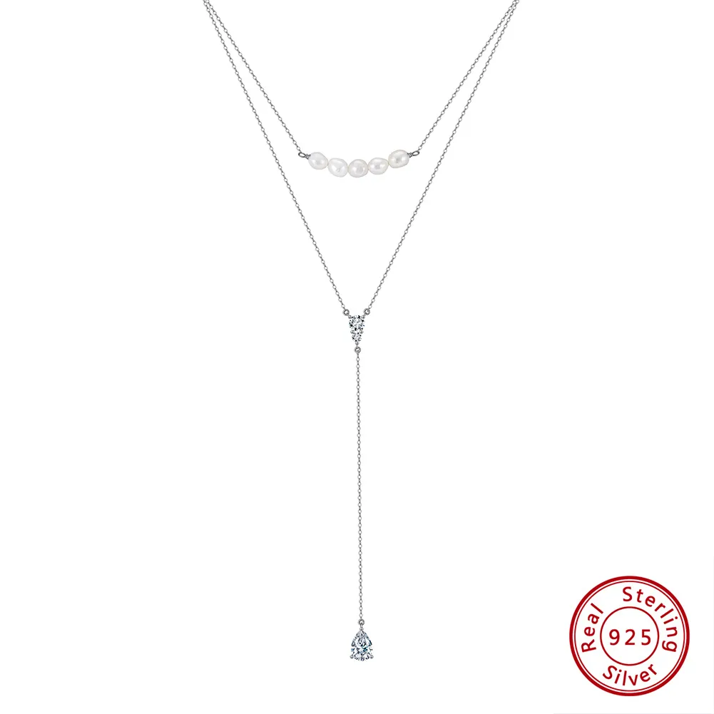 925 Sterling Silver Plated Freshwater Pearl Zircon Polishing Plating Inlay V Shape Geometric Double Layer Necklaces display picture 4