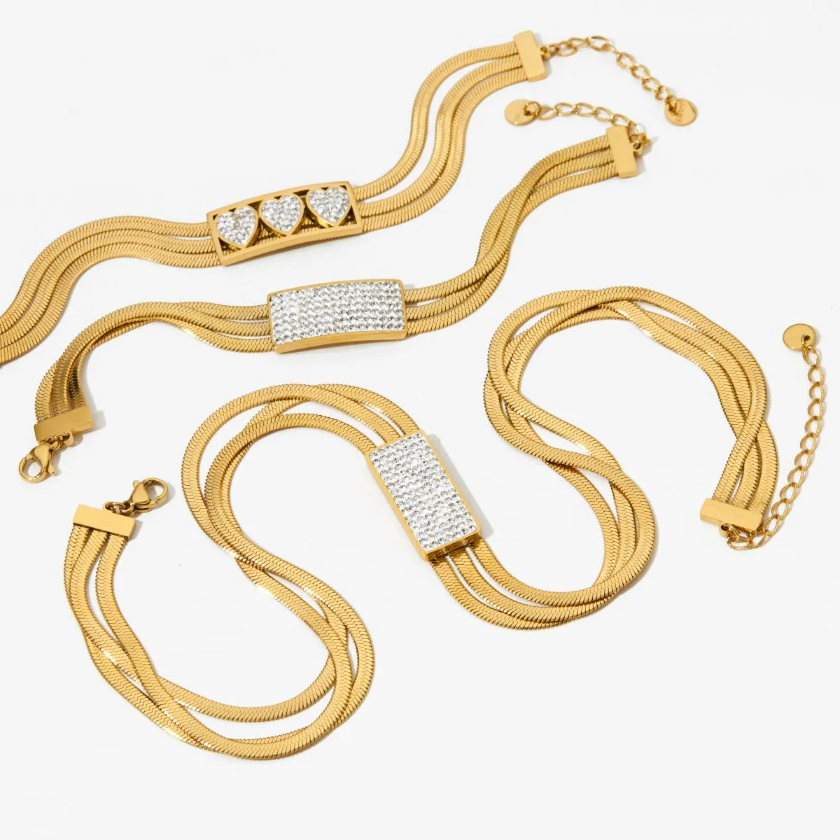 304 Stainless Steel White Gold Plated Gold Plated Casual Modern Style Inlay Solid Color Rhinestones Bracelets Necklace display picture 1