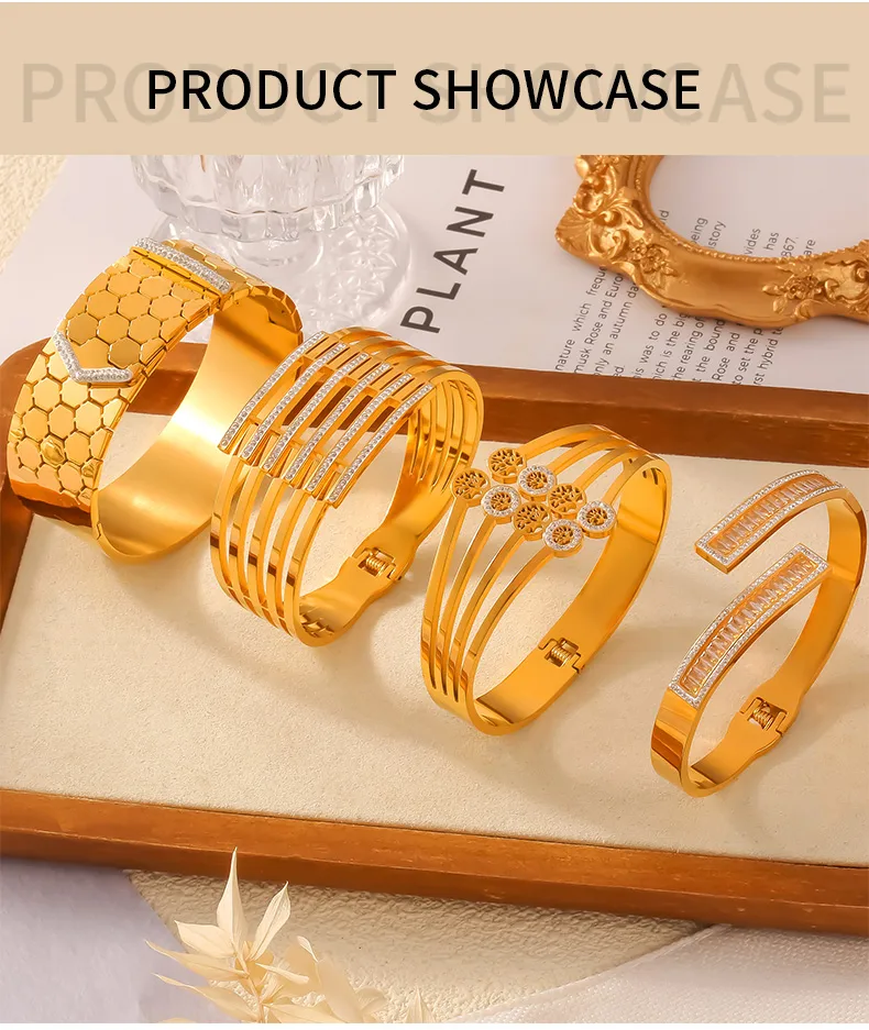 Casual Simple Style Hexagon Round Titanium Steel 18K Gold Plated Rhinestones Bangle In Bulk display picture 6