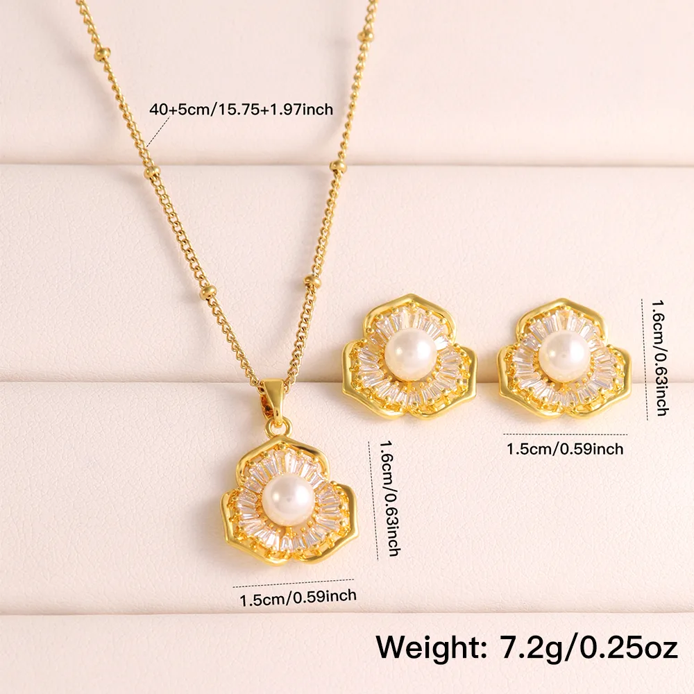 304 Stainless Steel Copper 18K Gold Plated Casual Elegant Shiny Plating Inlay Flower Artificial Pearls Zircon Earrings Necklace Jewelry Set display picture 4