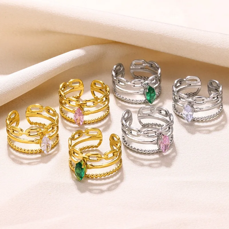304 Stainless Steel 18K Gold Plated Simple Style Shiny Plating Inlay Solid Color Zircon Open Rings display picture 2