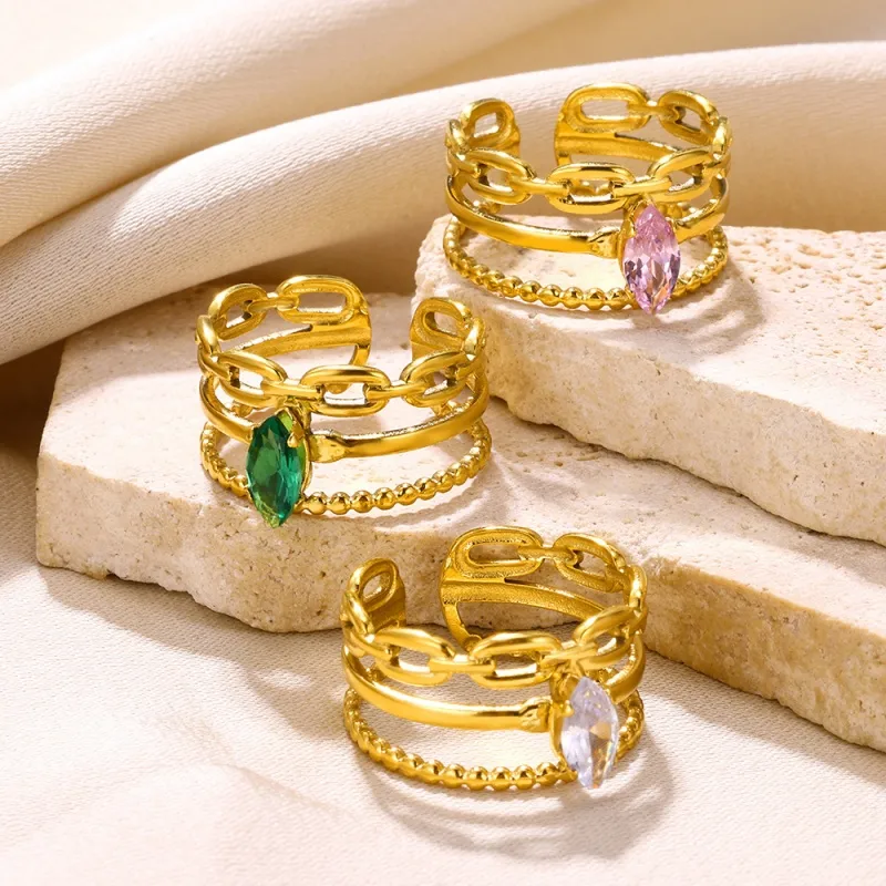 304 Stainless Steel 18K Gold Plated Simple Style Shiny Plating Inlay Solid Color Zircon Open Rings display picture 7