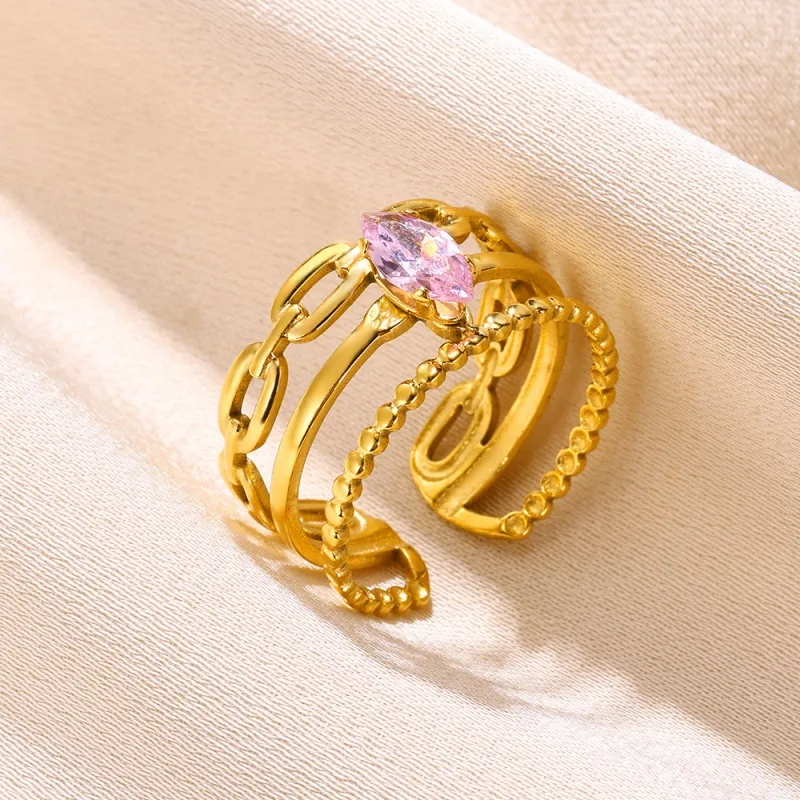 304 Stainless Steel 18K Gold Plated Simple Style Shiny Plating Inlay Solid Color Zircon Open Rings display picture 6