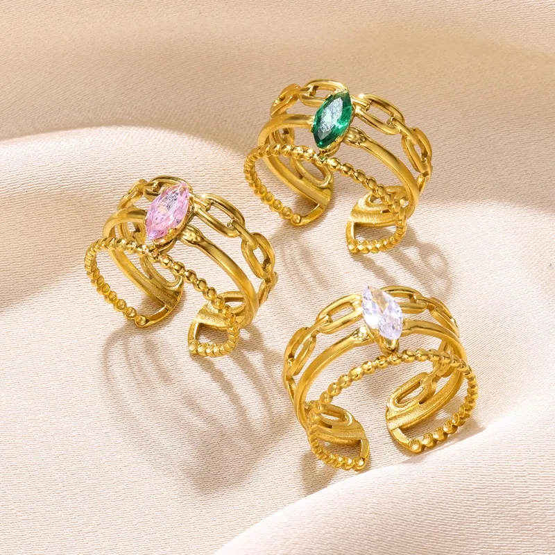304 Stainless Steel 18K Gold Plated Simple Style Shiny Plating Inlay Solid Color Zircon Open Rings display picture 9
