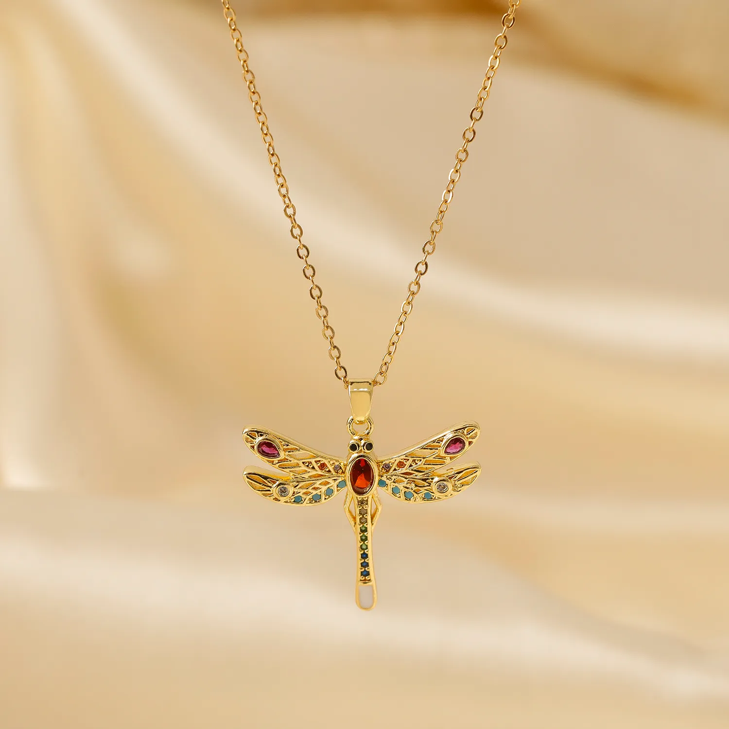 Wholesale IG Style Y2K Vacation Dragonfly Copper Inlay 18K Gold Plated Zircon Pendant Necklace display picture 1
