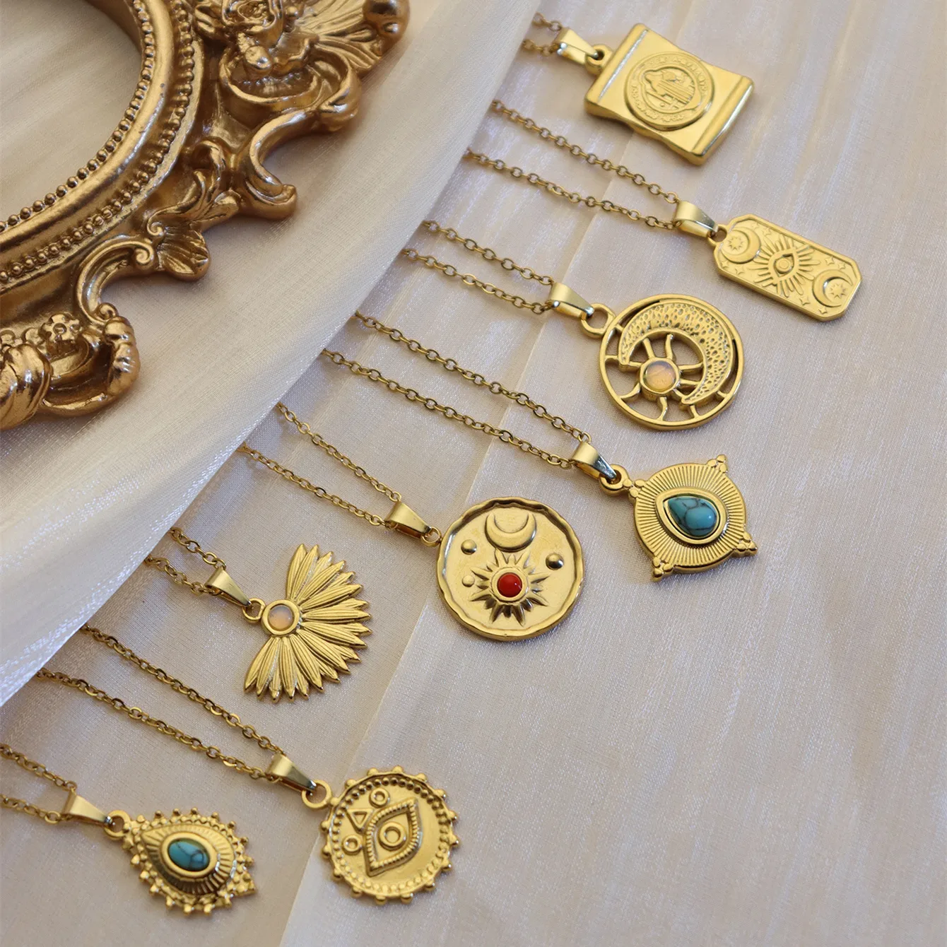304 Stainless Steel 18K Gold Plated Simple Style Plating Inlay Sun Water Droplets Eye Natural Stone Pendant Necklace display picture 1