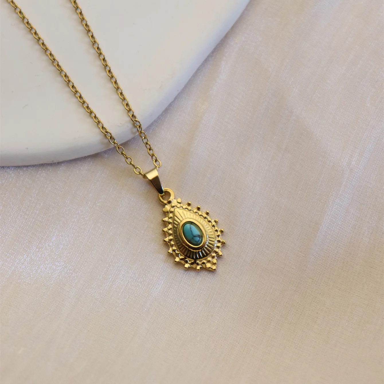 304 Stainless Steel 18K Gold Plated Simple Style Plating Inlay Sun Water Droplets Eye Natural Stone Pendant Necklace display picture 16