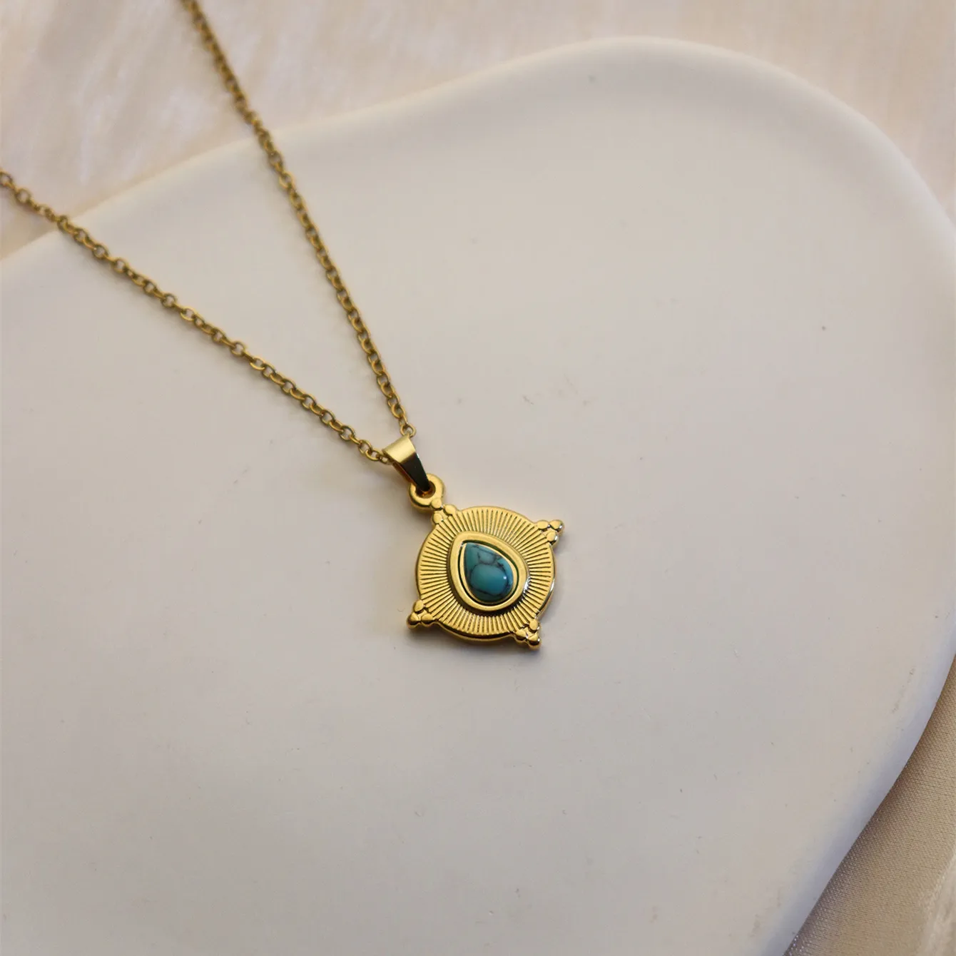 304 Stainless Steel 18K Gold Plated Simple Style Plating Inlay Sun Water Droplets Eye Natural Stone Pendant Necklace display picture 21