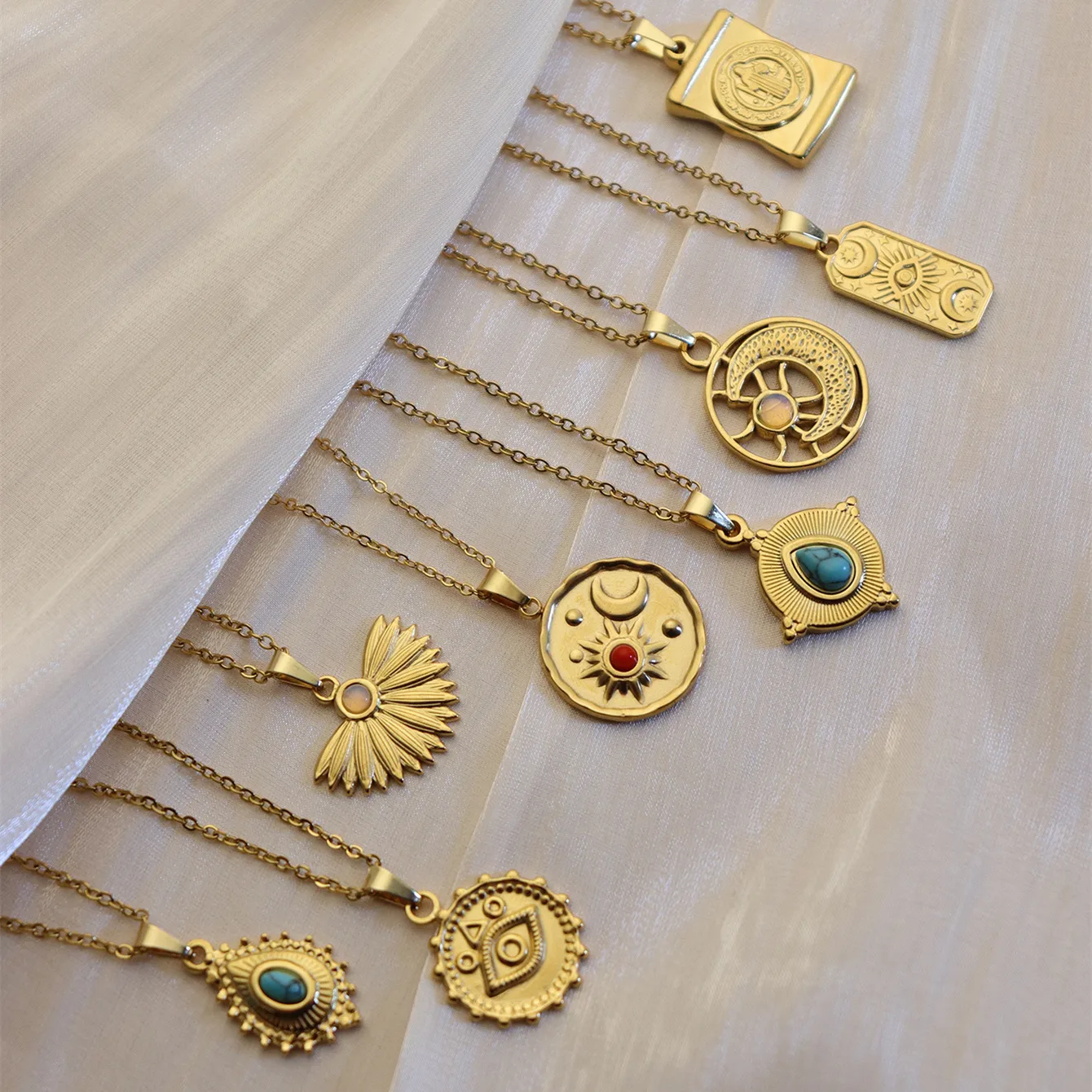 304 Stainless Steel 18K Gold Plated Simple Style Plating Inlay Sun Water Droplets Eye Natural Stone Pendant Necklace display picture 2