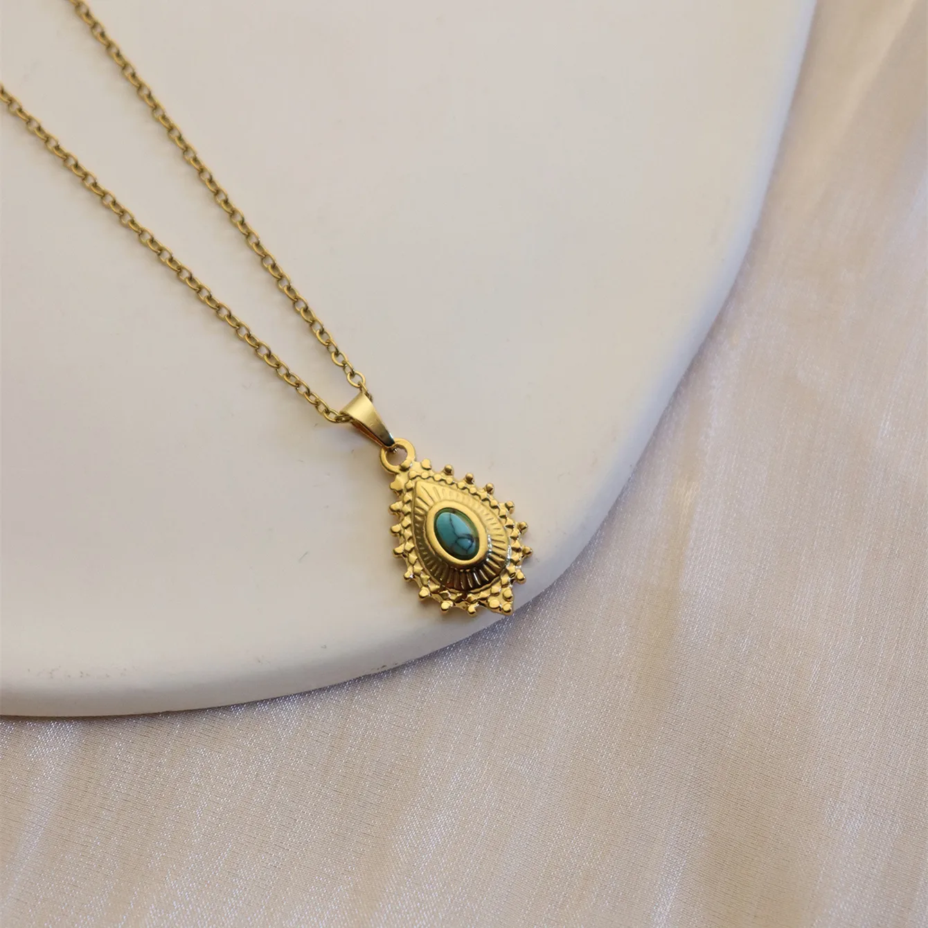 304 Stainless Steel 18K Gold Plated Simple Style Plating Inlay Sun Water Droplets Eye Natural Stone Pendant Necklace display picture 17