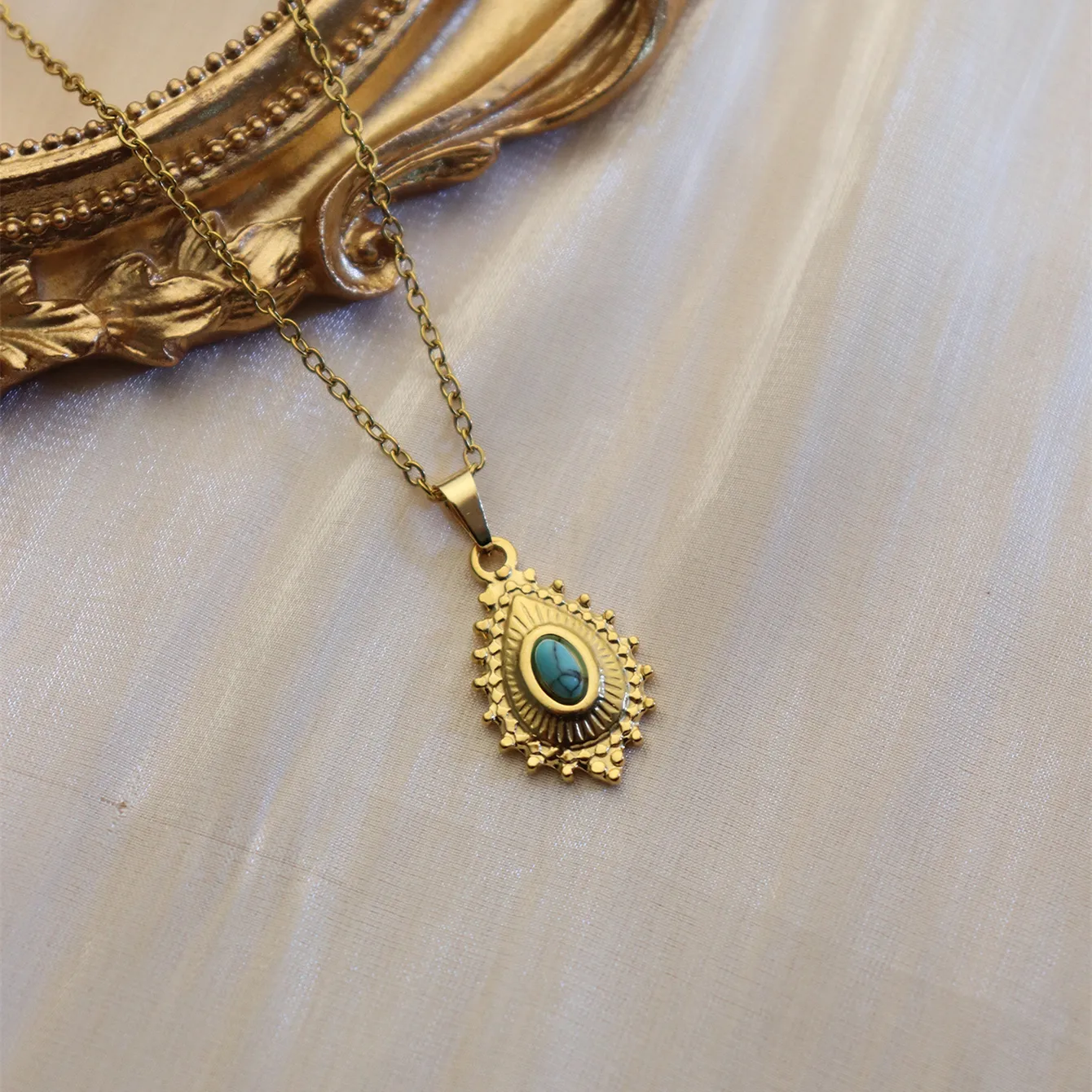304 Stainless Steel 18K Gold Plated Simple Style Plating Inlay Sun Water Droplets Eye Natural Stone Pendant Necklace display picture 18