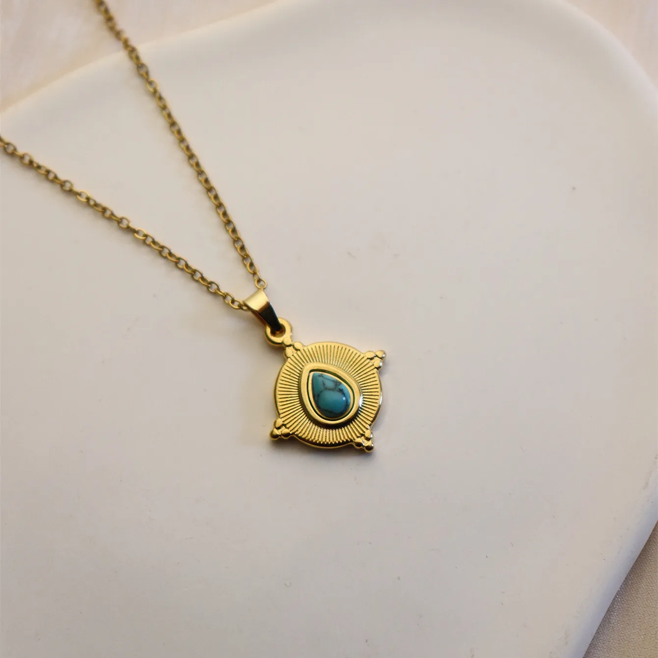 304 Stainless Steel 18K Gold Plated Simple Style Plating Inlay Sun Water Droplets Eye Natural Stone Pendant Necklace display picture 22