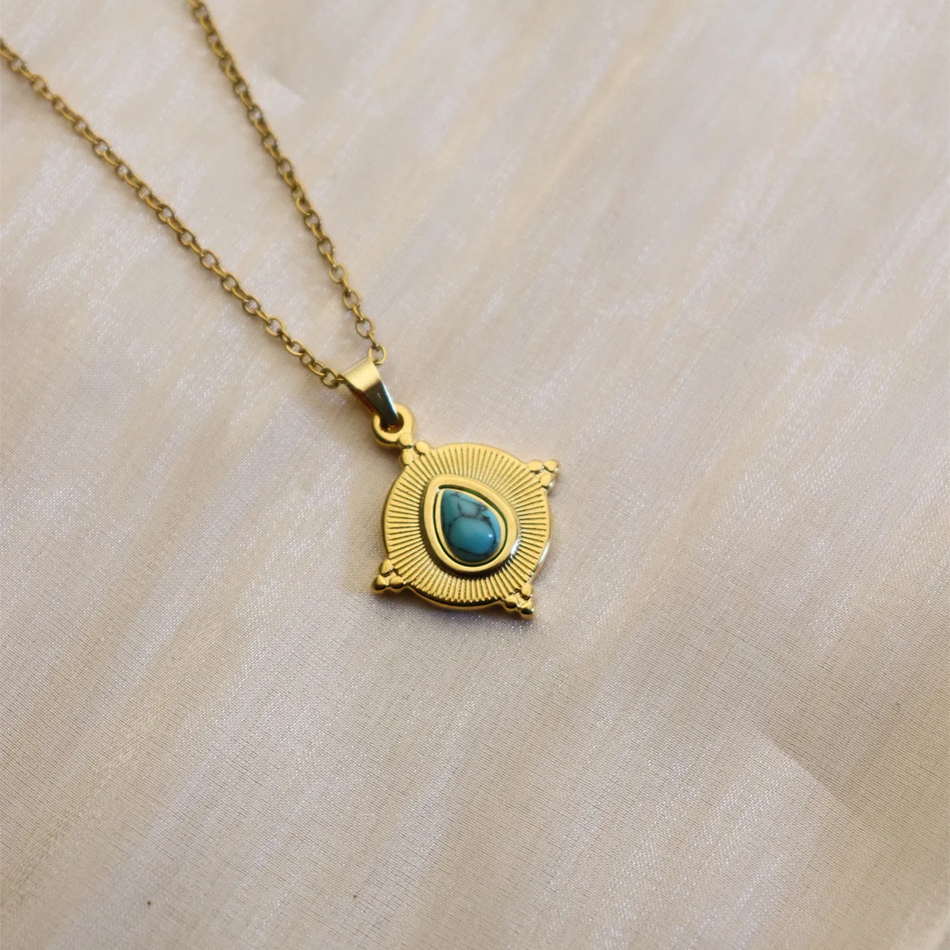 304 Stainless Steel 18K Gold Plated Simple Style Plating Inlay Sun Water Droplets Eye Natural Stone Pendant Necklace display picture 24