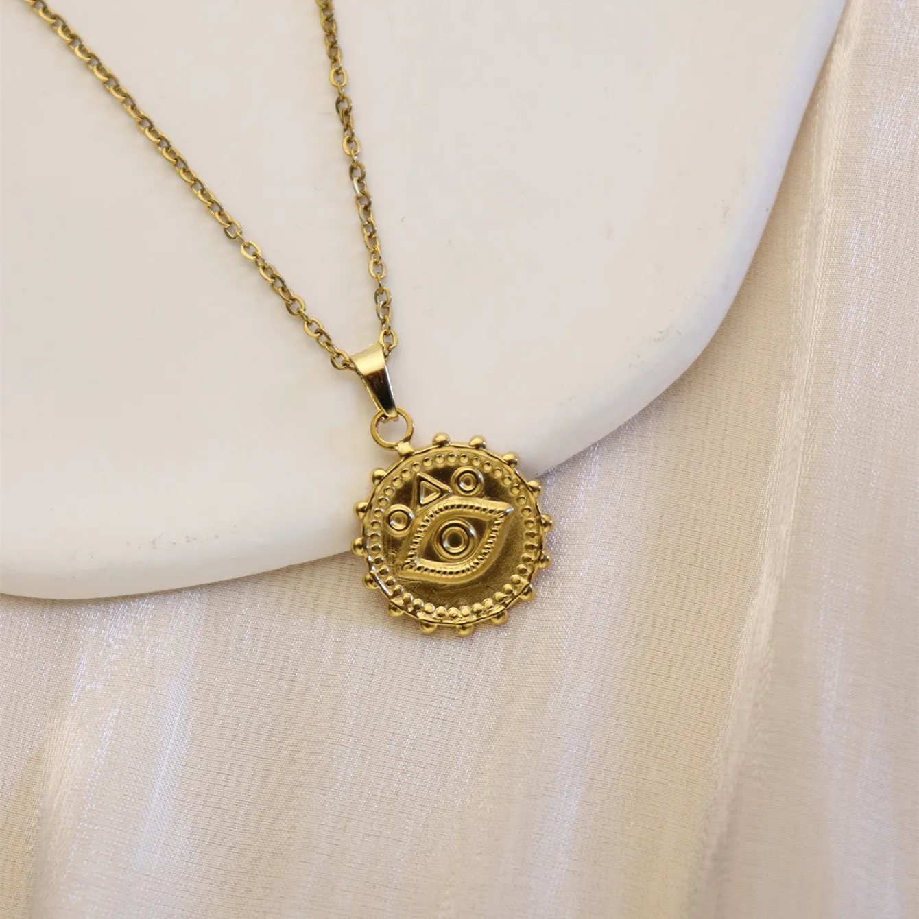 304 Stainless Steel 18K Gold Plated Simple Style Plating Inlay Sun Water Droplets Eye Natural Stone Pendant Necklace display picture 34
