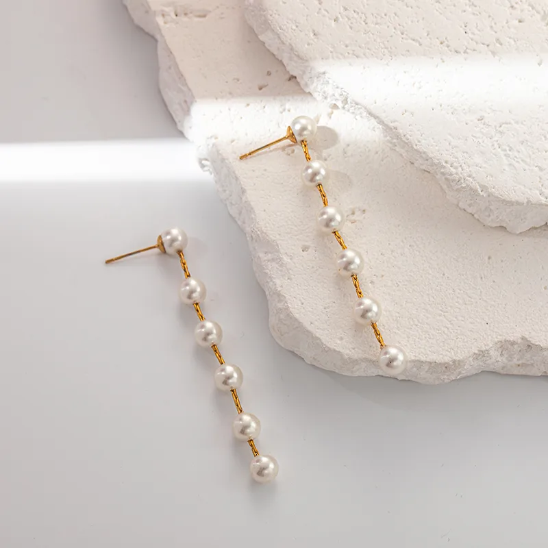 1 Pair French Style Classic Style Round Beaded Inlay 304 Stainless Steel Pearl 14K Gold Plated Drop Earrings display picture 2