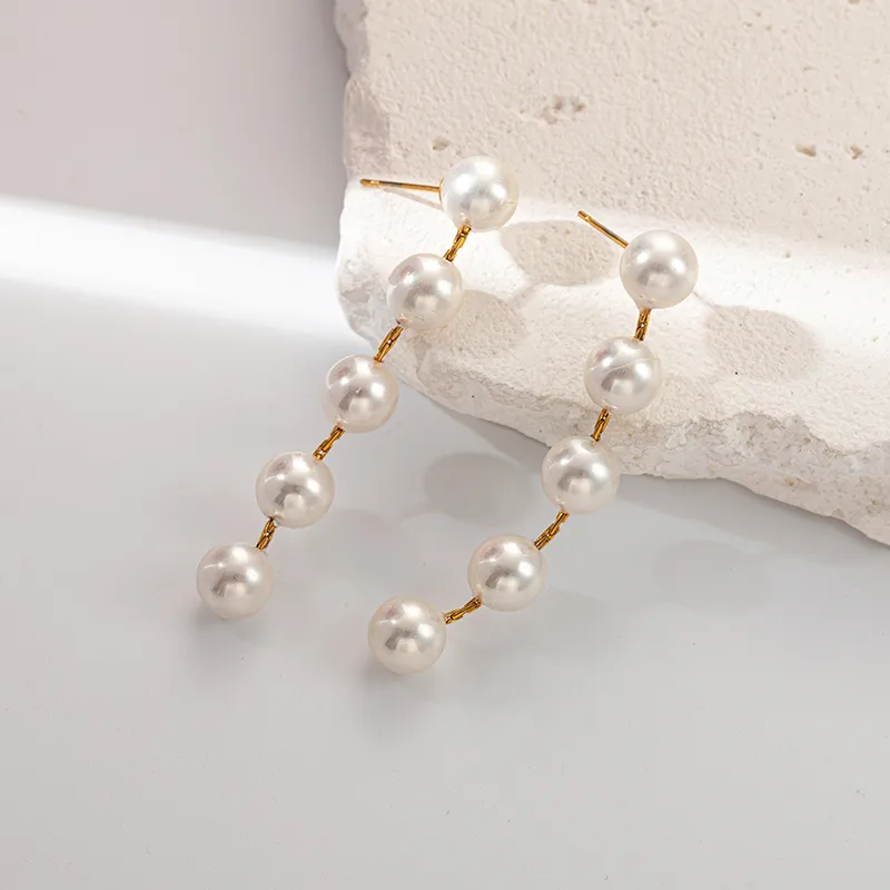 1 Pair French Style Classic Style Round Beaded Inlay 304 Stainless Steel Pearl 14K Gold Plated Drop Earrings display picture 5