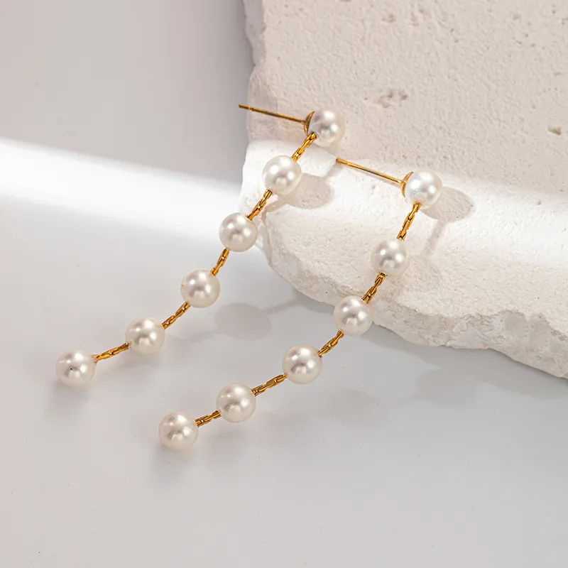 1 Pair French Style Classic Style Round Beaded Inlay 304 Stainless Steel Pearl 14K Gold Plated Drop Earrings display picture 4
