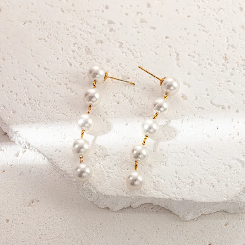 1 Pair French Style Classic Style Round Beaded Inlay 304 Stainless Steel Pearl 14K Gold Plated Drop Earrings display picture 3