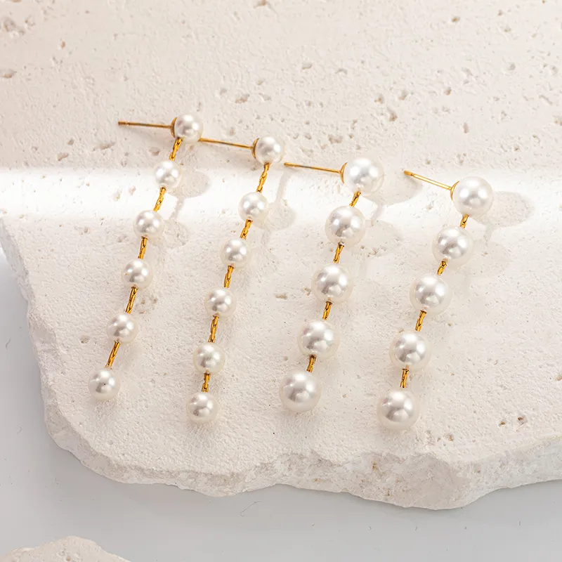 1 Pair French Style Classic Style Round Beaded Inlay 304 Stainless Steel Pearl 14K Gold Plated Drop Earrings display picture 1