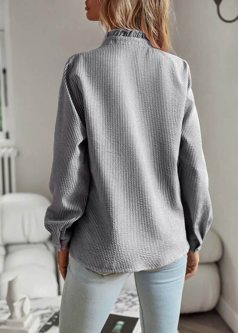 Women's Blouse Long Sleeve Blouses Frill Ruched Business Stripe Solid Color display picture 9