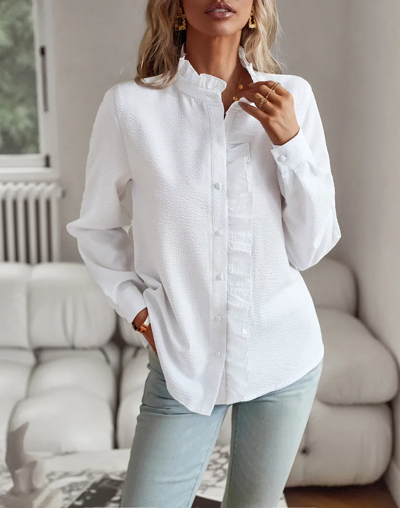 Women's Blouse Long Sleeve Blouses Frill Ruched Business Stripe Solid Color display picture 1