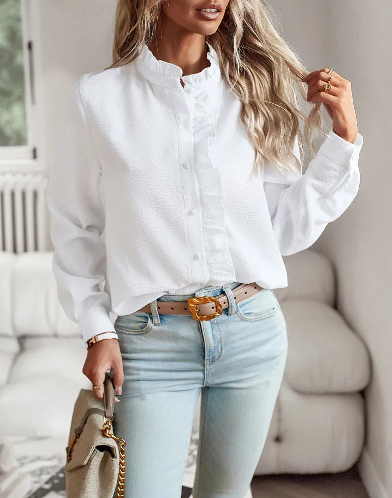 Women's Blouse Long Sleeve Blouses Frill Ruched Business Stripe Solid Color display picture 2