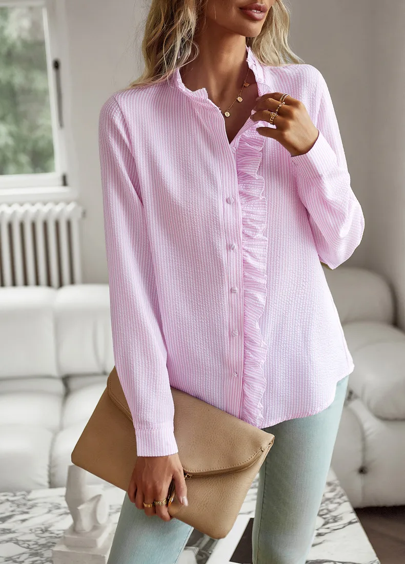Women's Blouse Long Sleeve Blouses Frill Ruched Business Stripe Solid Color display picture 3