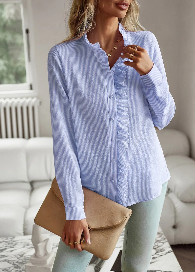 Women's Blouse Long Sleeve Blouses Frill Ruched Business Stripe Solid Color display picture 6