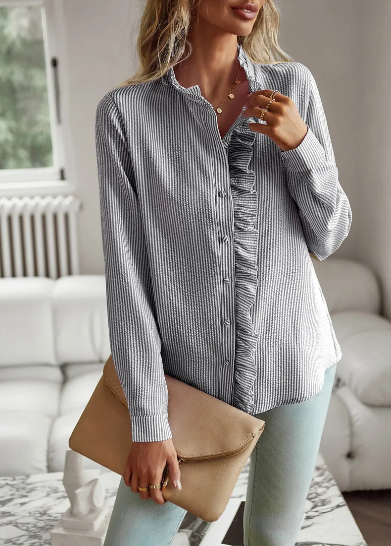 Women's Blouse Long Sleeve Blouses Frill Ruched Business Stripe Solid Color display picture 7