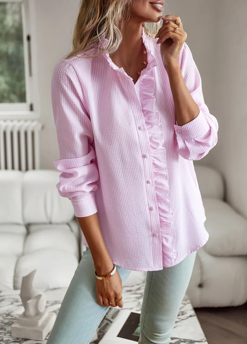 Women's Blouse Long Sleeve Blouses Frill Ruched Business Stripe Solid Color display picture 14