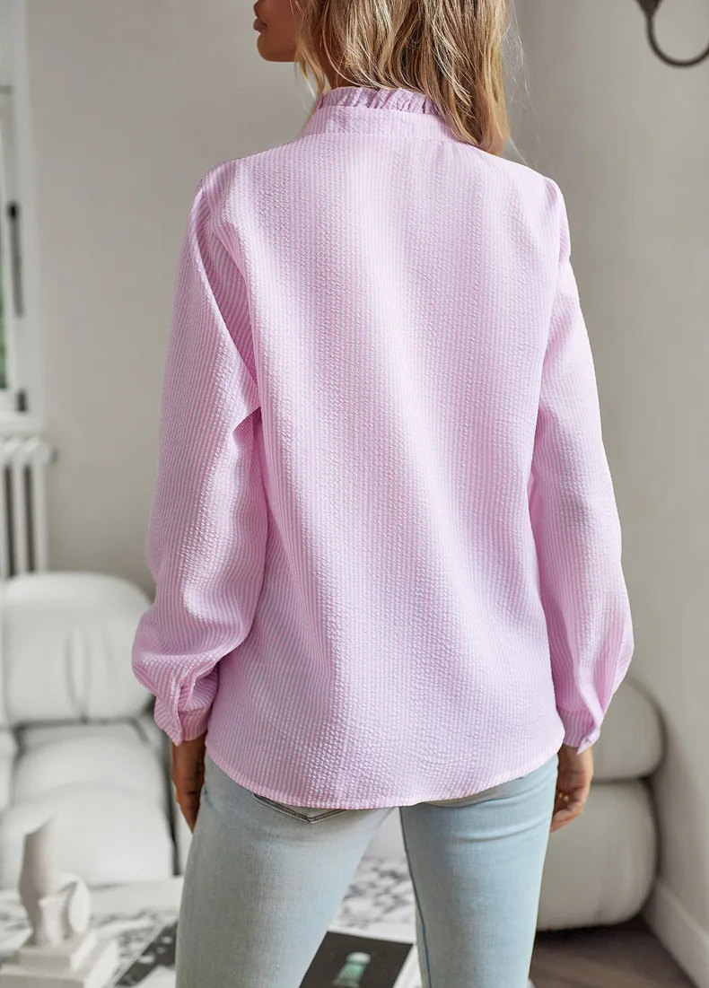 Women's Blouse Long Sleeve Blouses Frill Ruched Business Stripe Solid Color display picture 16