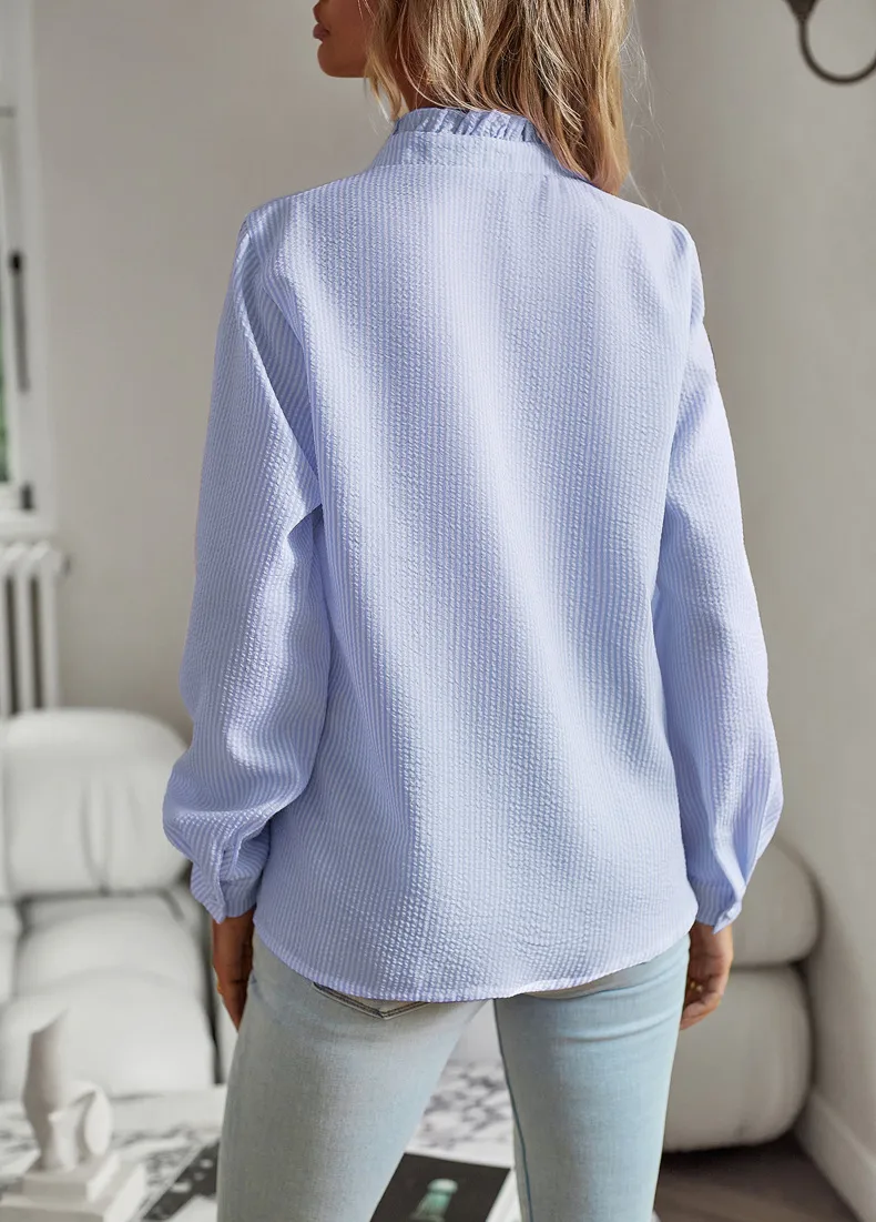 Women's Blouse Long Sleeve Blouses Frill Ruched Business Stripe Solid Color display picture 15