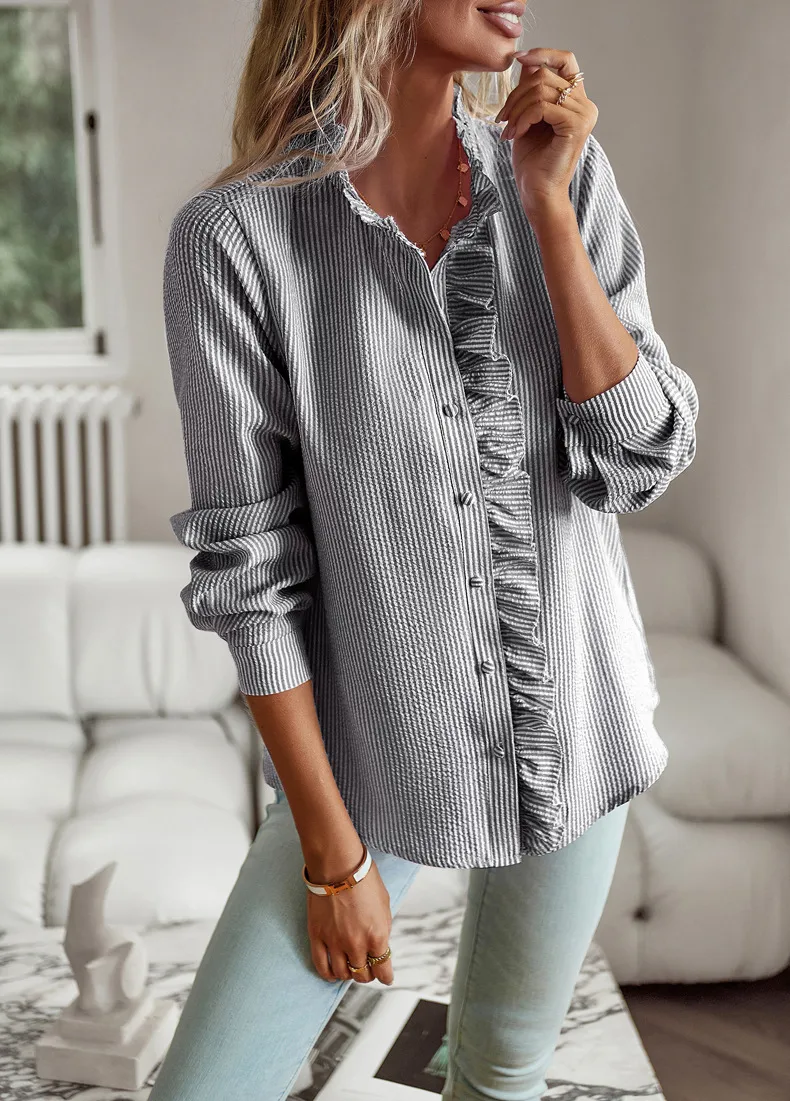 Women's Blouse Long Sleeve Blouses Frill Ruched Business Stripe Solid Color display picture 17