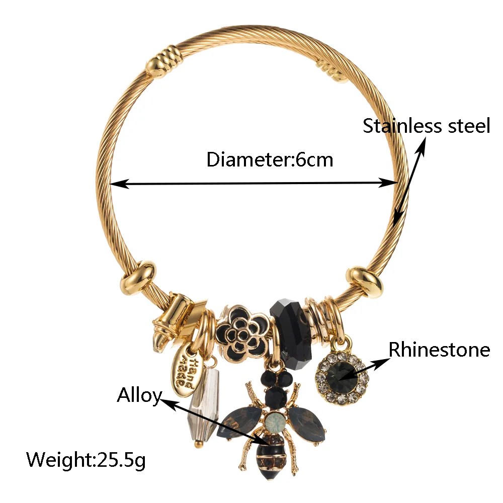 Casual Modern Style Classic Style Bee 304 Stainless Steel 14K Gold Plated Rhinestones Bangle In Bulk display picture 1