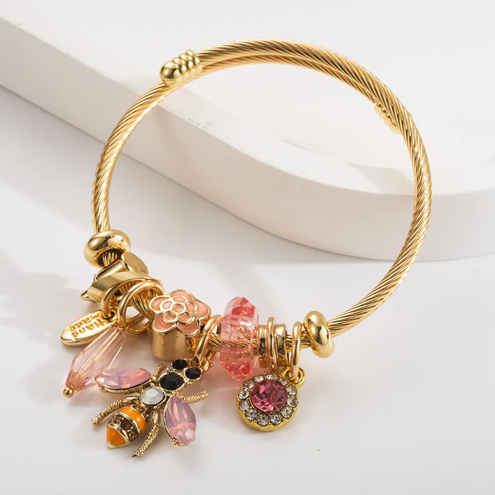 Casual Modern Style Classic Style Bee 304 Stainless Steel 14K Gold Plated Rhinestones Bangle In Bulk display picture 4