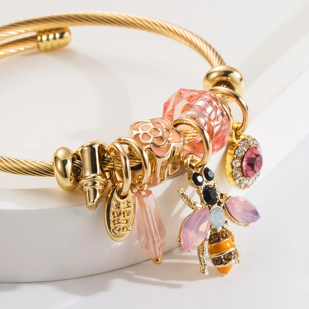 Casual Modern Style Classic Style Bee 304 Stainless Steel 14K Gold Plated Rhinestones Bangle In Bulk display picture 3
