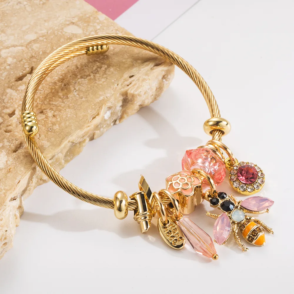 Casual Modern Style Classic Style Bee 304 Stainless Steel 14K Gold Plated Rhinestones Bangle In Bulk display picture 5