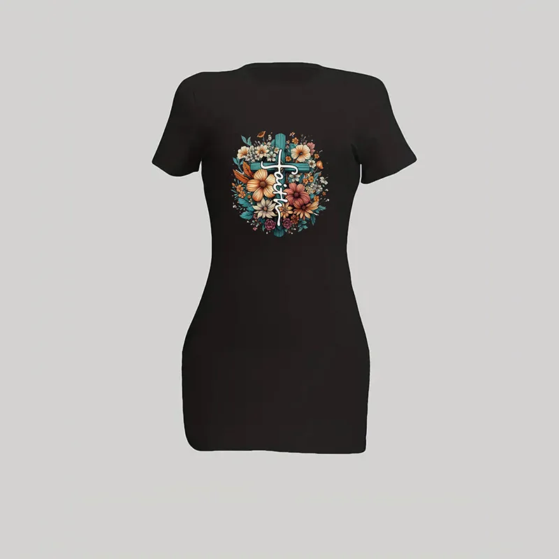 Women's T Shirt Dress Streetwear Round Neck Short Sleeve Letter Flower Knee-Length Holiday Daily display picture 3
