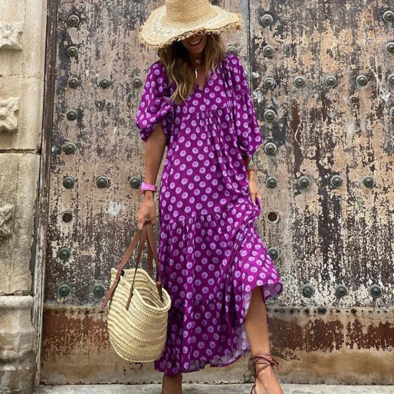 Women's Regular Dress Hawaiian V Neck Long Sleeve Argyle Midi Dress Holiday Beach Lawn display picture 3