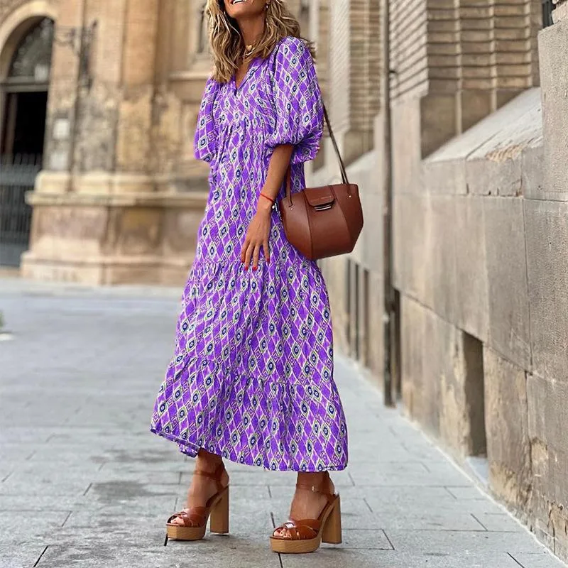 Women's Regular Dress Hawaiian V Neck Long Sleeve Argyle Midi Dress Holiday Beach Lawn display picture 5